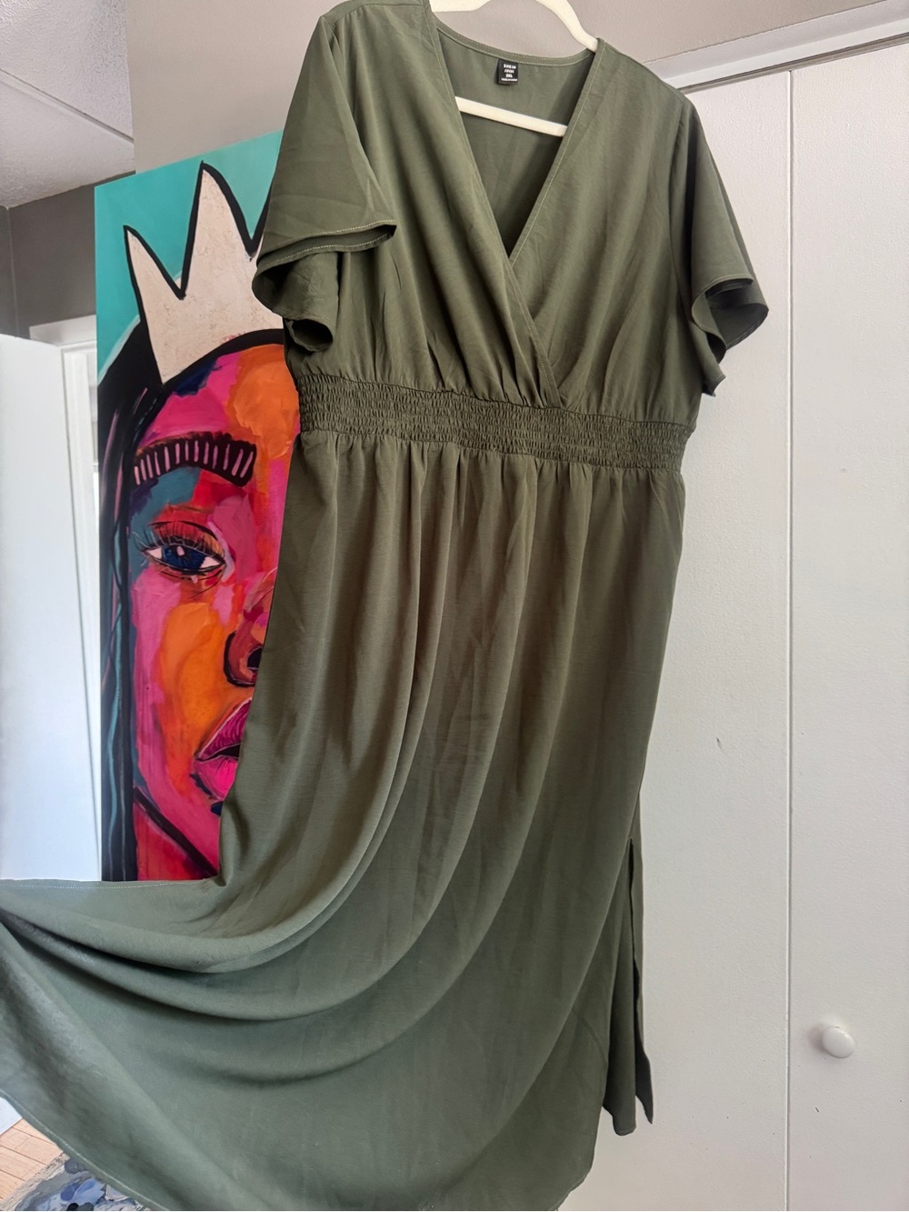Olive Green Maxi Dress Flutter Sleeve Faux Wrap 3XL